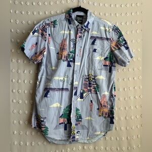 Studio Ghibli Spirited Away Scenic Bath‎ House Short Sleeve Button Up Sz XS